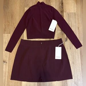 Lululemon SET Ribbed-Knit Twist-Back Mockneck Sweater & Mini Skirt in Garnet